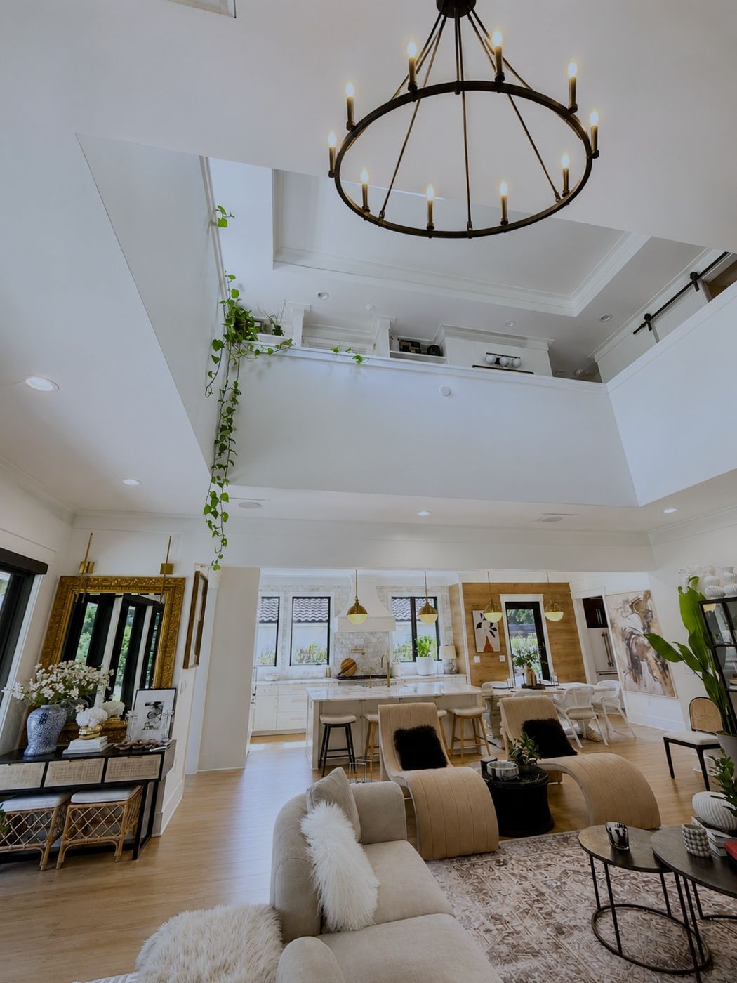 Two-story ceiling and chandelier over the great room